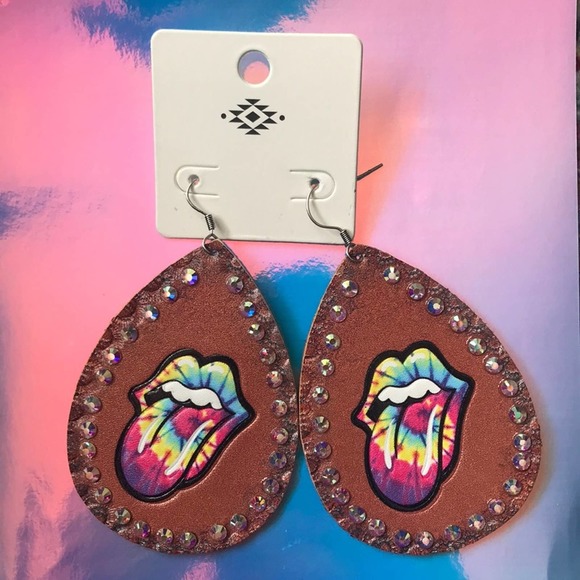 Rolling Stones Tie Dye Brown Faux Leather Earrings - Picture 2 of 5